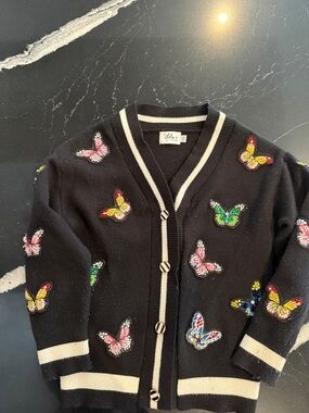 Lola + The Boys Black Cardigan with Multicolor Butterfly Patches